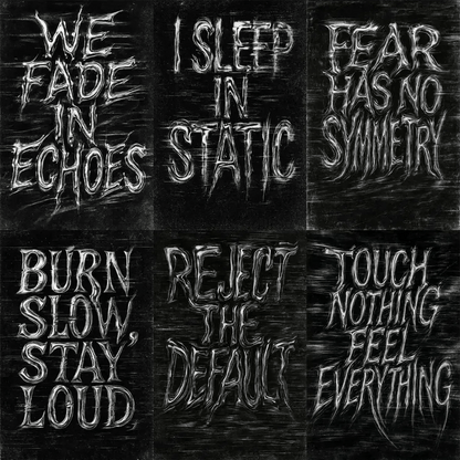 Example output from the Distorted Quote Typography Poster ChatGPT prompt: black and white portrait posters with warped chrome text, glitch effects, motion blur, and grungy textures ideal for zines, music merch, and protest visuals.