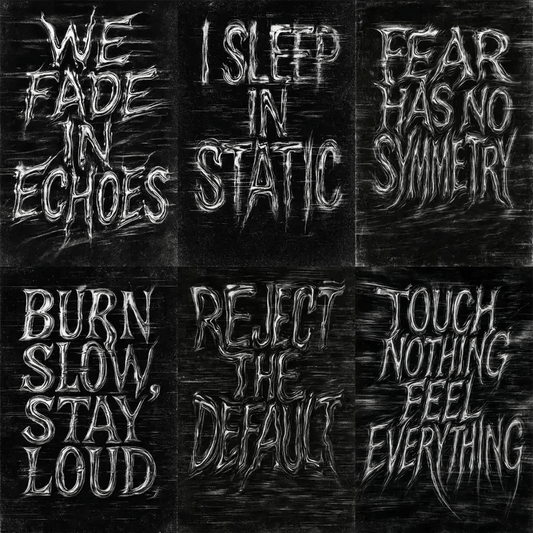 Example output from the Distorted Quote Typography Poster ChatGPT prompt: black and white portrait posters with warped chrome text, glitch effects, motion blur, and grungy textures ideal for zines, music merch, and protest visuals.