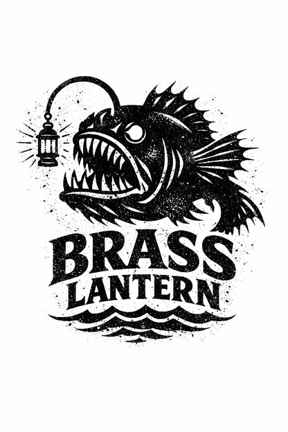Example output from the Distressed Mascot Vintage Logos ChatGPT prompt: a distressed vintage engraving-style mascot logo for 'Brass Lantern' — an anglerfish with a glowing lure over waves, with bold vintage typography.