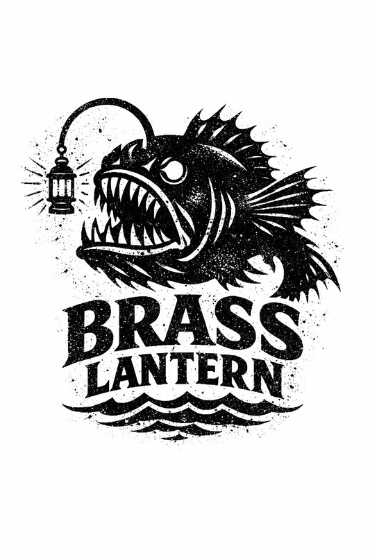 Example output from the Distressed Mascot Vintage Logos ChatGPT prompt: a distressed vintage engraving-style mascot logo for 'Brass Lantern' — an anglerfish with a glowing lure over waves, with bold vintage typography.