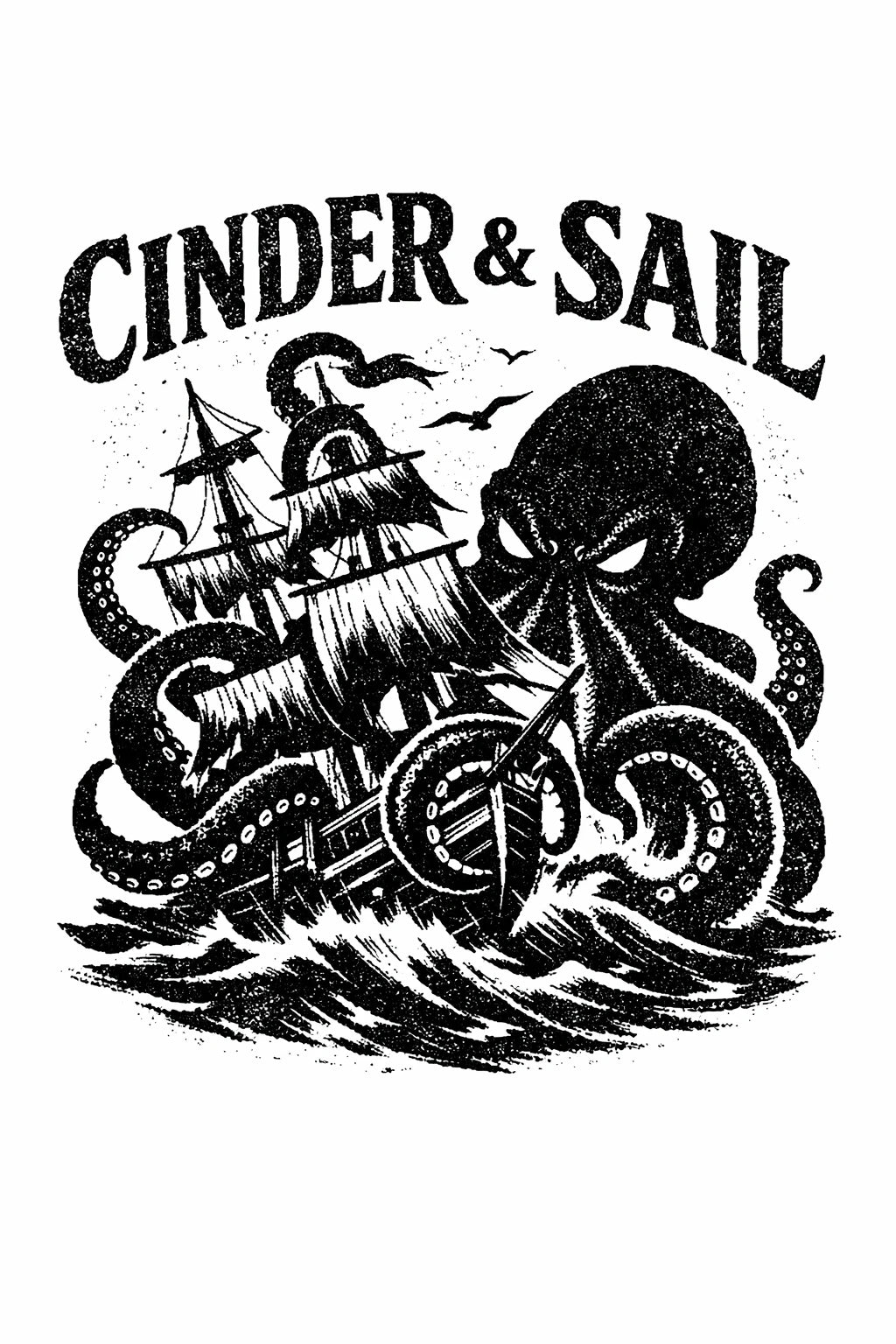 Example output from the Distressed Mascot Vintage Logos ChatGPT prompt: a distressed vintage engraving-style mascot logo for 'Cinder & Sail' with a bold illustrated emblem and vintage typography.
