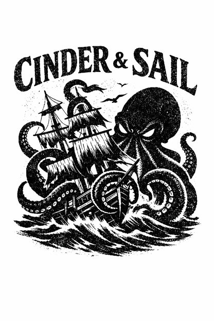 Example output from the Distressed Mascot Vintage Logos ChatGPT prompt: a distressed vintage engraving-style mascot logo for 'Cinder & Sail' with a bold illustrated emblem and vintage typography.