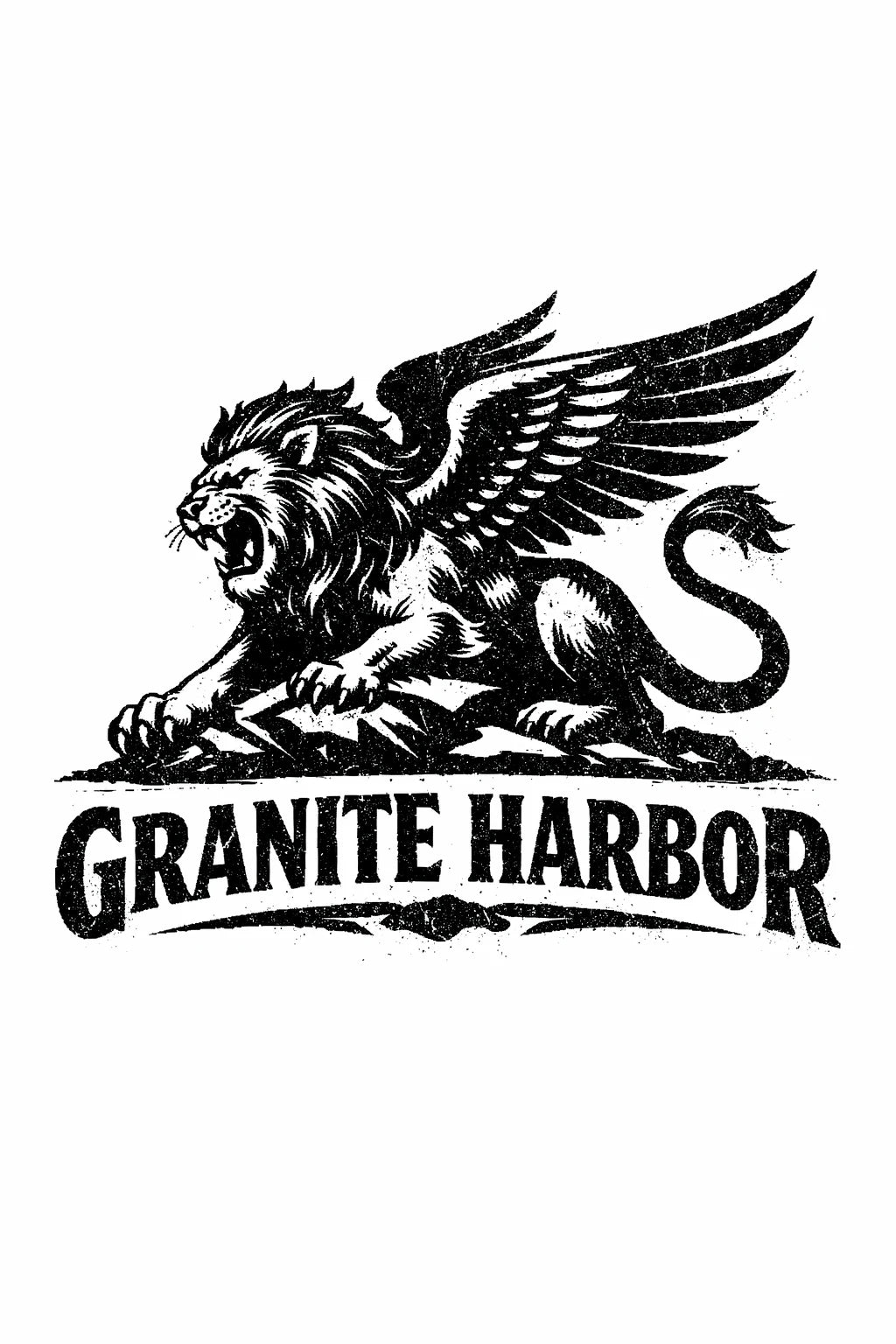 Example output from the Distressed Mascot Vintage Logos ChatGPT prompt: a distressed vintage engraving-style mascot logo for 'Granite Harbor' — a roaring winged griffin-lion with bold vintage typography.