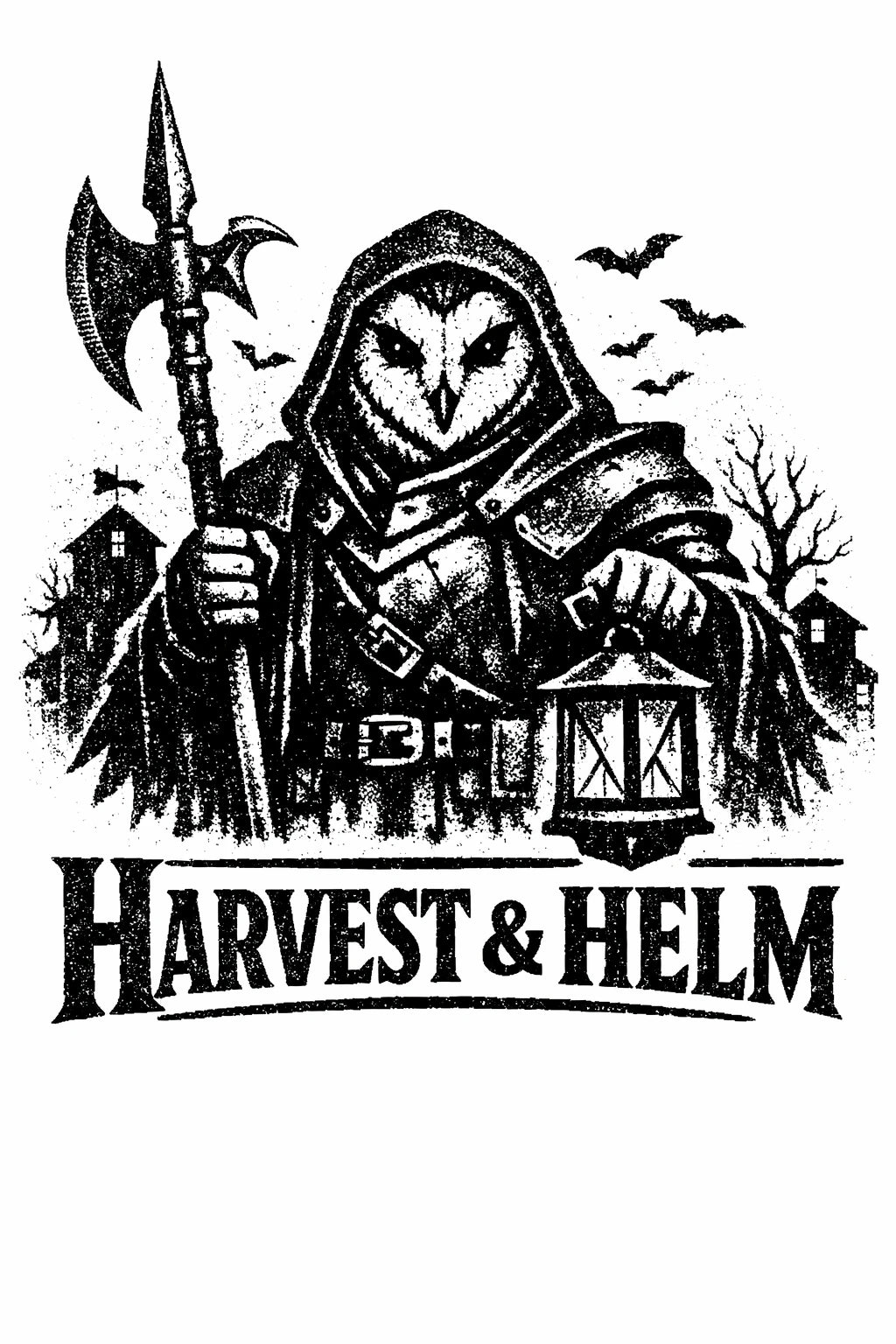 Example output from the Distressed Mascot Vintage Logos ChatGPT prompt: a distressed vintage engraving-style mascot logo for 'Harvest & Helm' — a hooded owl-faced warrior holding an axe and lantern, with bold vintage typography.