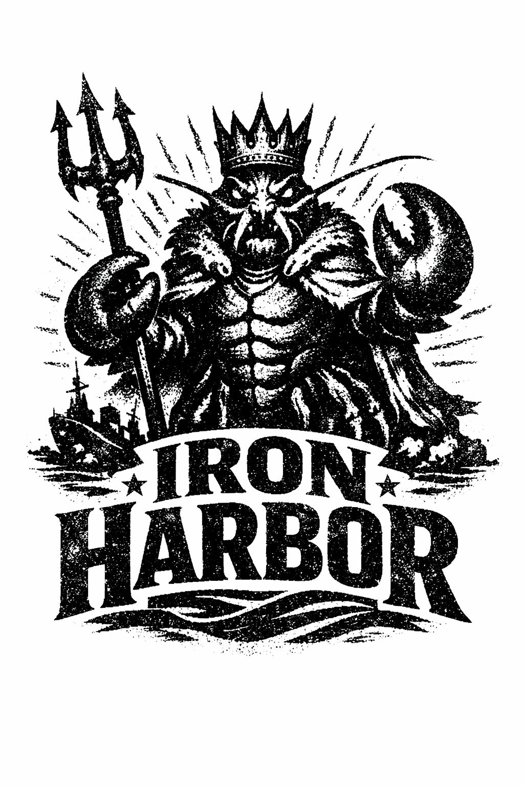Example output from the Distressed Mascot Vintage Logos ChatGPT prompt: a distressed vintage engraving-style mascot logo for 'Iron Harbor' — a crowned, muscular sea king holding a trident, with bold vintage typography.