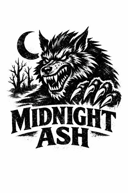 Example output from the Distressed Mascot Vintage Logos ChatGPT prompt: a distressed vintage engraving-style mascot logo for 'Midnight Ash' — a snarling werewolf under a crescent moon, with bold vintage typography.