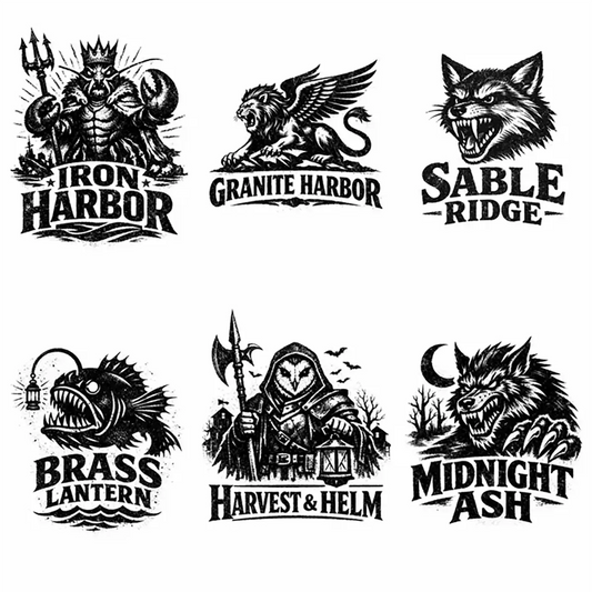 Example output from the Distressed Mascot Vintage Logos ChatGPT prompt: a set of gritty black-and-white 1950s engraving-style mascot logos with bold distressed vintage typography — a crowned trident-wielding sea king, a winged griffin-lion, a snarling wolf, an anglerfish, a hooded owl warrior and a howling werewolf.