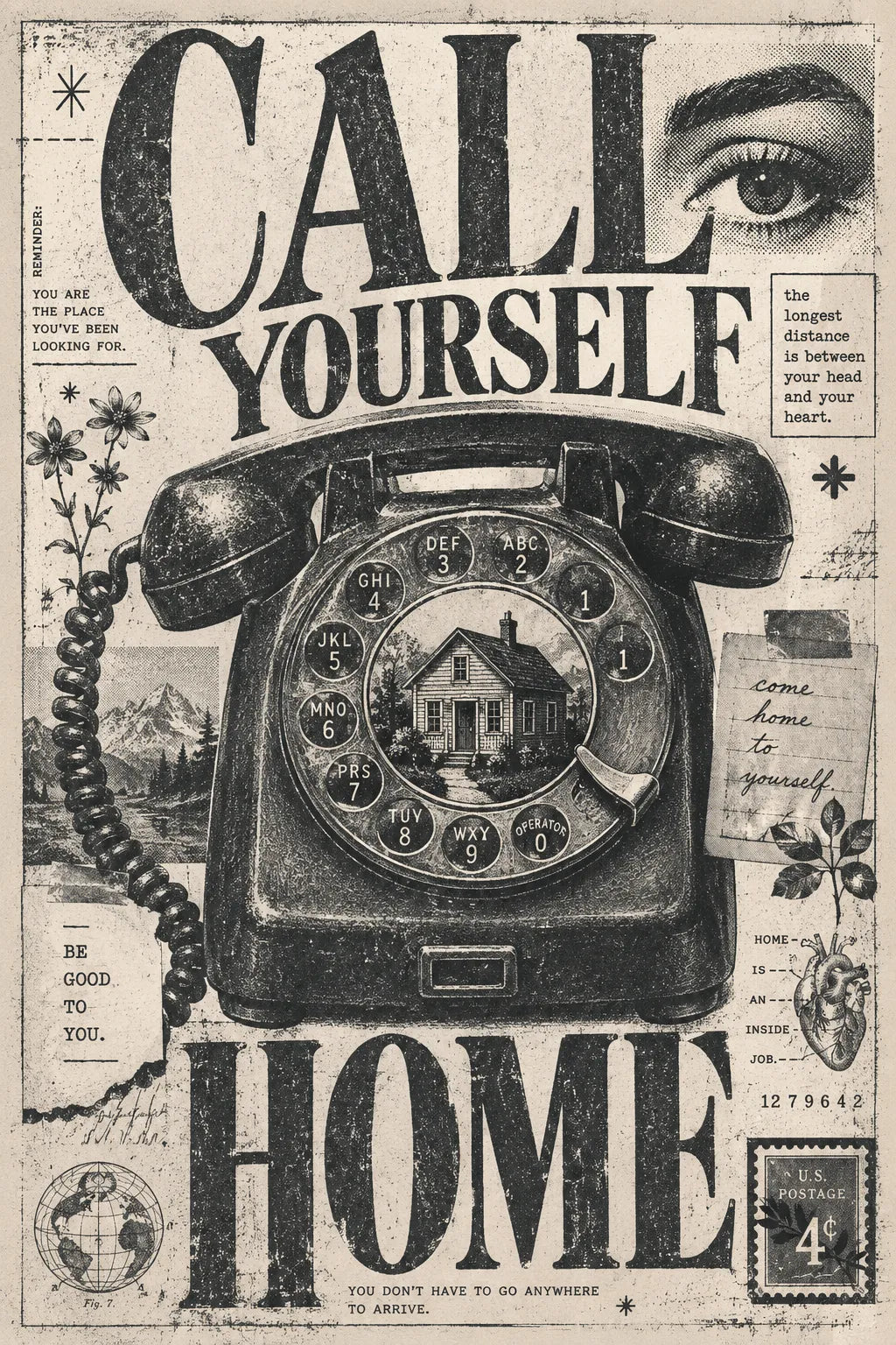 Example output from the Distressed Xerox Editorial Poster ChatGPT prompt: a distressed monochrome Xerox/zine-style editorial poster reading 'Call Yourself Home' with expressive serif typography and archival collage.
