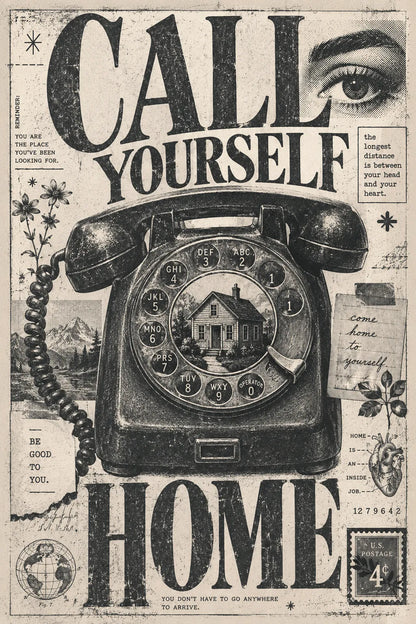 Example output from the Distressed Xerox Editorial Poster ChatGPT prompt: a distressed monochrome Xerox/zine-style editorial poster reading 'Call Yourself Home' with expressive serif typography and archival collage.