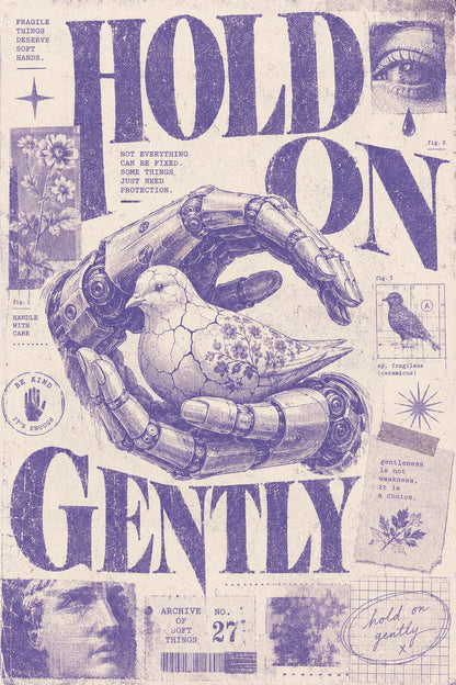Example output from the Distressed Xerox Editorial Poster ChatGPT prompt: a distressed purple-ink Xerox/zine-style editorial poster reading 'Hold on Gently' with a mechanical hand cradling a dove, expressive serif typography and archival collage.