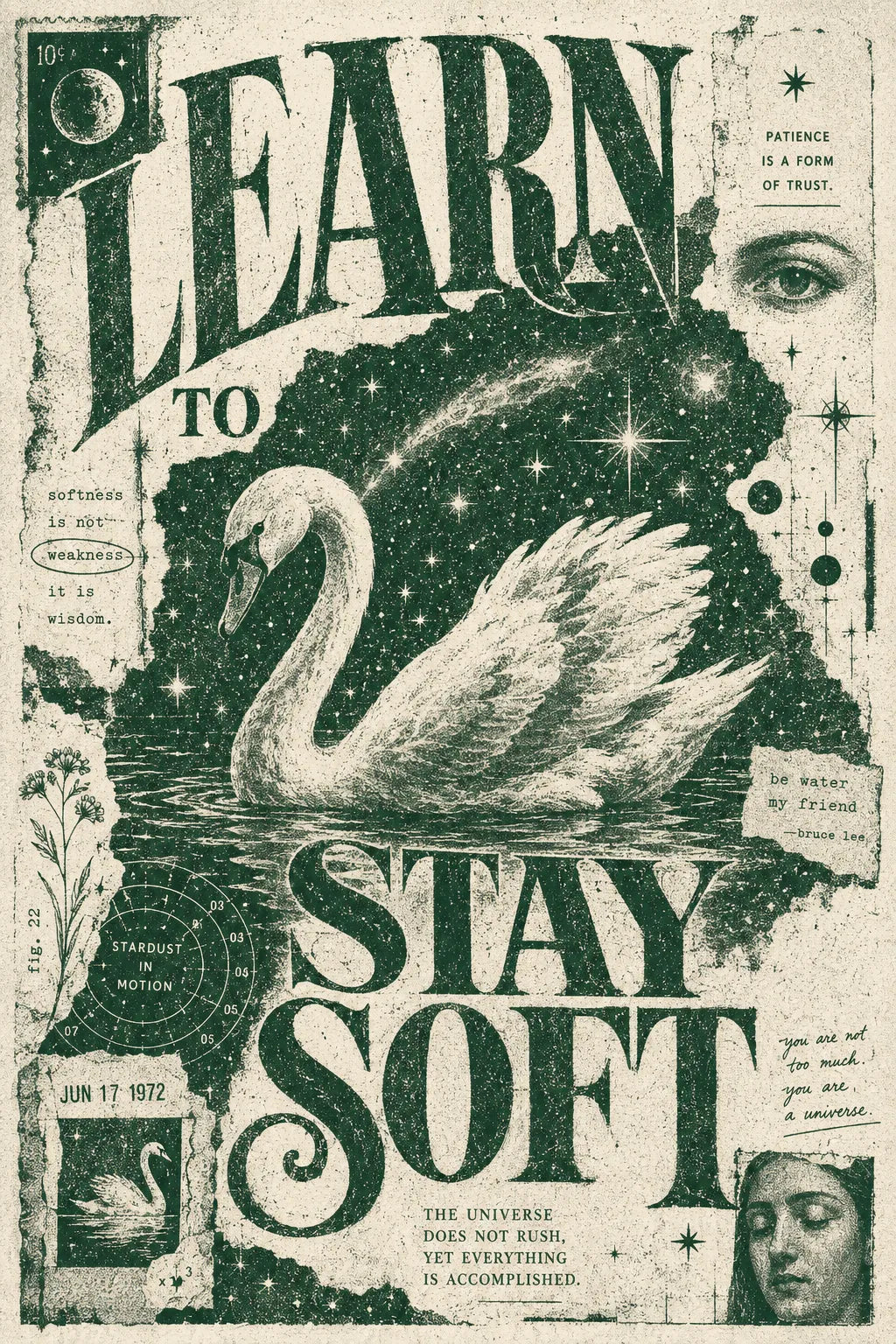 Example output from the Distressed Xerox Editorial Poster ChatGPT prompt: a distressed monochrome Xerox/zine-style editorial poster reading 'Learn to Stay Soft' with expressive serif typography and archival collage.