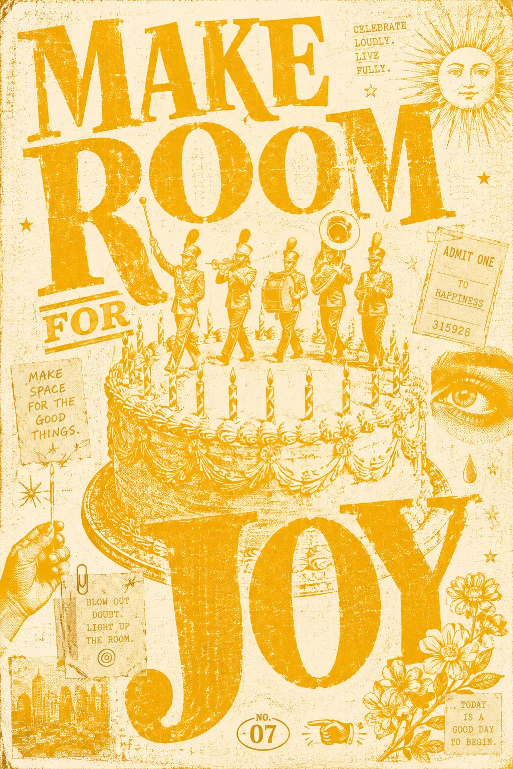 Example output from the Distressed Xerox Editorial Poster ChatGPT prompt: a distressed yellow-ink Xerox/zine-style editorial poster reading 'Make Room for Joy' with a tiered cake and figures, expressive serif typography and archival collage.