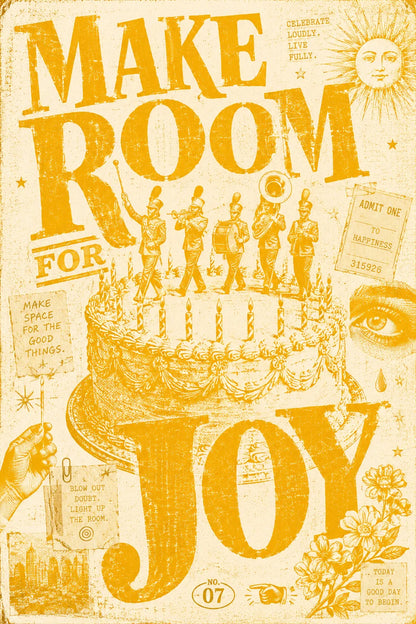 Example output from the Distressed Xerox Editorial Poster ChatGPT prompt: a distressed yellow-ink Xerox/zine-style editorial poster reading 'Make Room for Joy' with a tiered cake and figures, expressive serif typography and archival collage.
