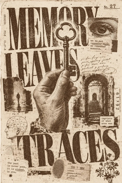 Example output from the Distressed Xerox Editorial Poster ChatGPT prompt: a distressed sepia-ink Xerox/zine-style editorial poster reading 'Memory Leaves Traces' with a hand holding an ornate key, expressive serif typography and archival collage.