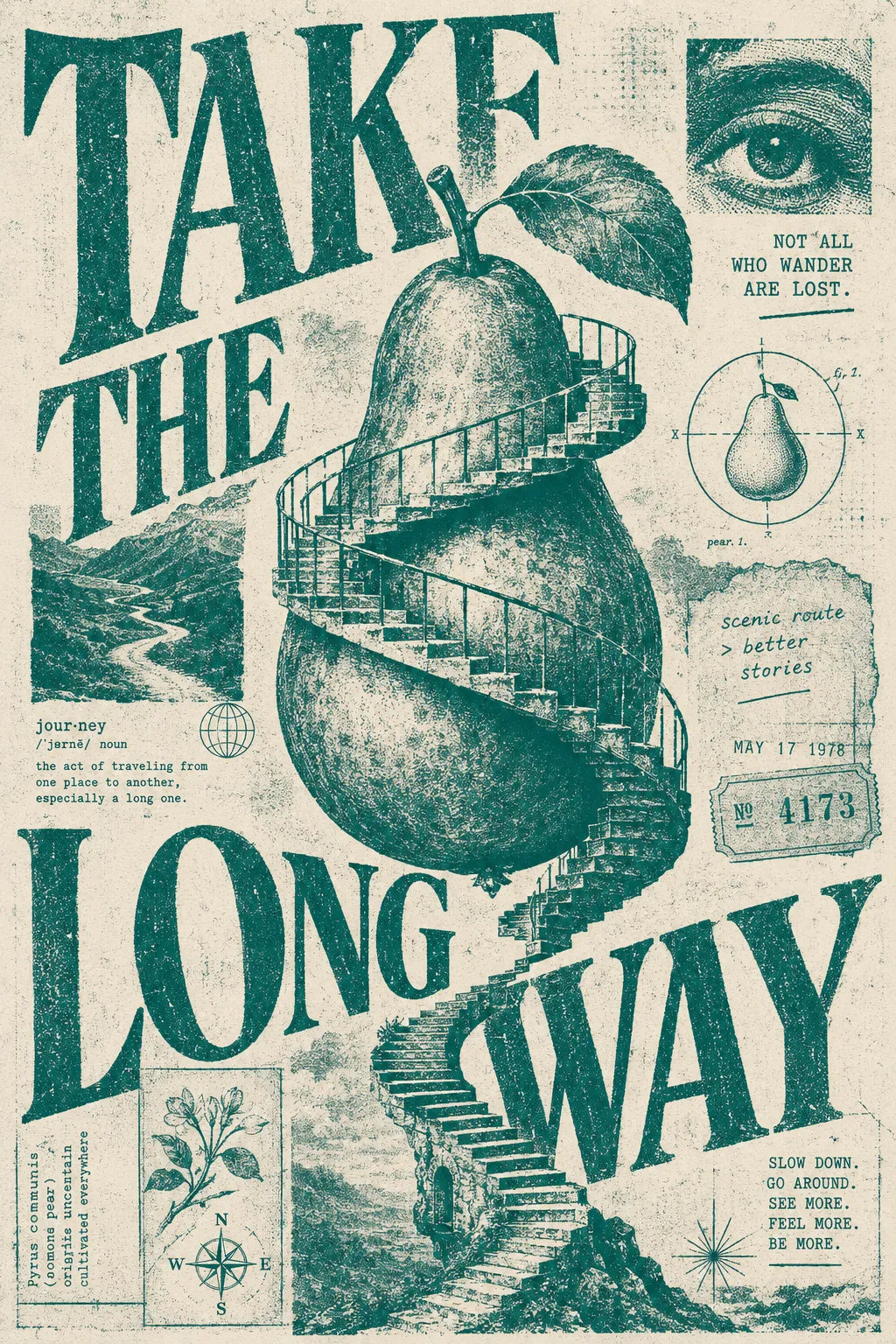 Example output from the Distressed Xerox Editorial Poster ChatGPT prompt: a distressed monochrome Xerox/zine-style editorial poster reading 'Take the Long Way' with expressive serif typography and archival collage.