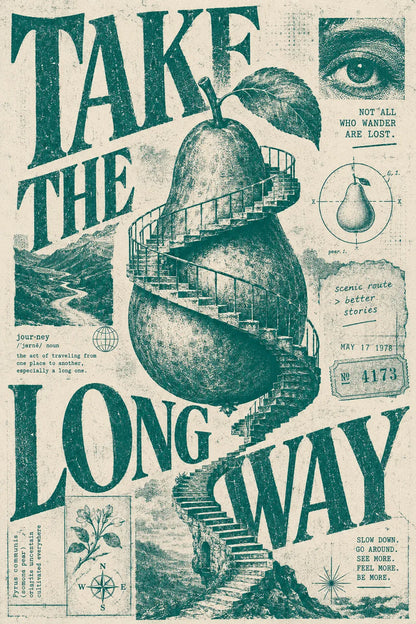Example output from the Distressed Xerox Editorial Poster ChatGPT prompt: a distressed monochrome Xerox/zine-style editorial poster reading 'Take the Long Way' with expressive serif typography and archival collage.