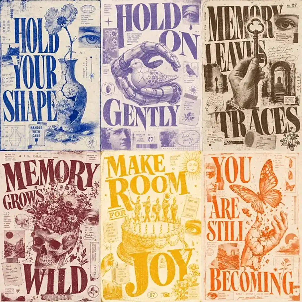 Example output from the Distressed Xerox Editorial Poster ChatGPT prompt: a set of bold monochrome distressed Xerox/zine-style editorial quote posters, each in a single ink color with expressive serif typography and archival collage — a cracked flower vase, a mechanical hand with a dove, a hand holding an ornate key, a flower-crowned skull, a tiered cake and a butterfly-and-hand motif.