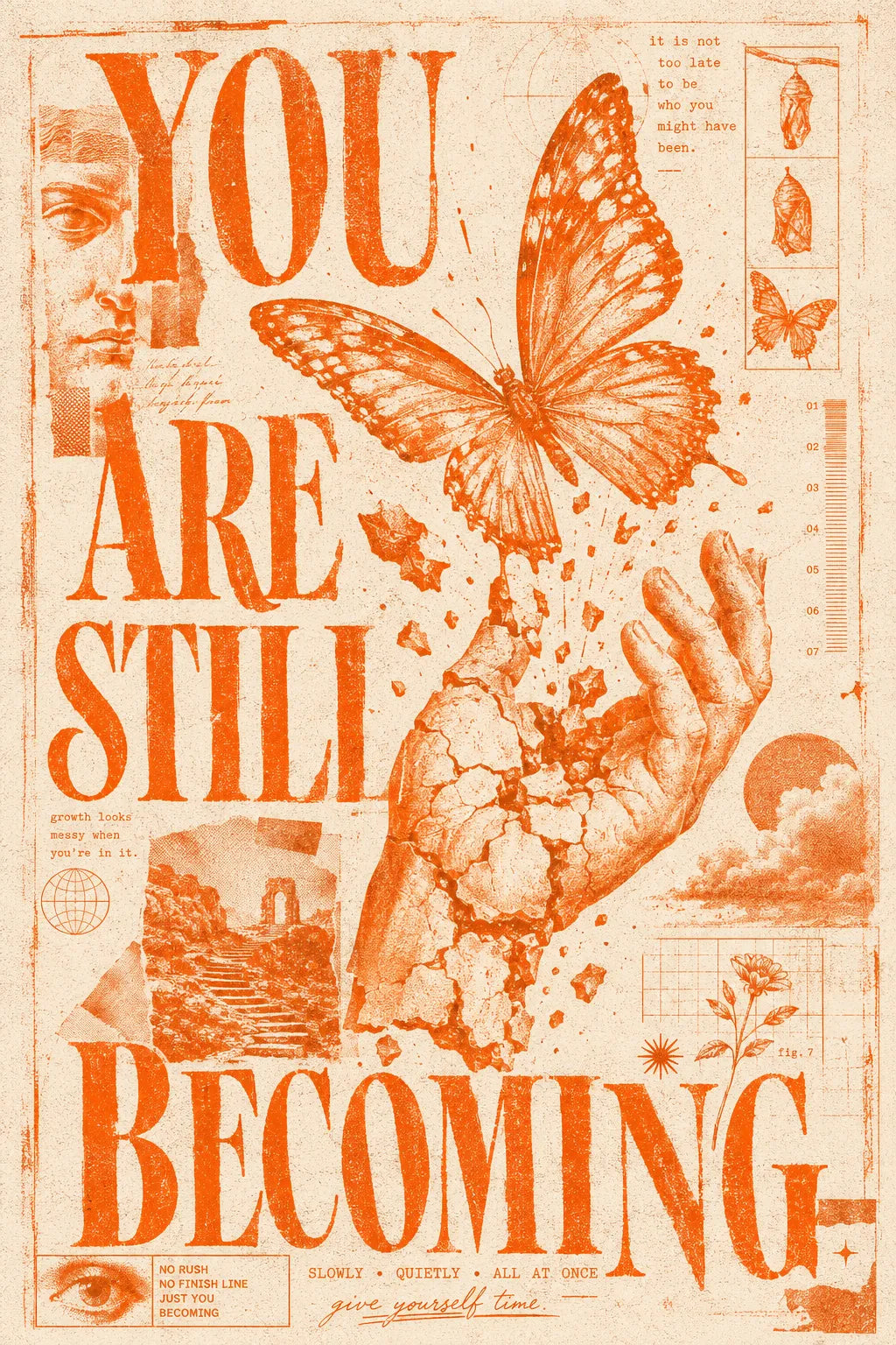 Example output from the Distressed Xerox Editorial Poster ChatGPT prompt: a distressed orange-ink Xerox/zine-style editorial poster reading 'You Are Still Becoming' with a hand releasing a butterfly, expressive serif typography and archival collage.