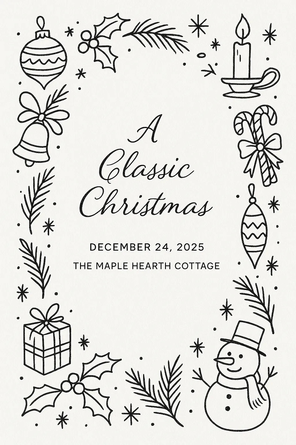 Example output from the Doodles Lineart Christmas Invitations ChatGPT prompt: A Classic Christmas.