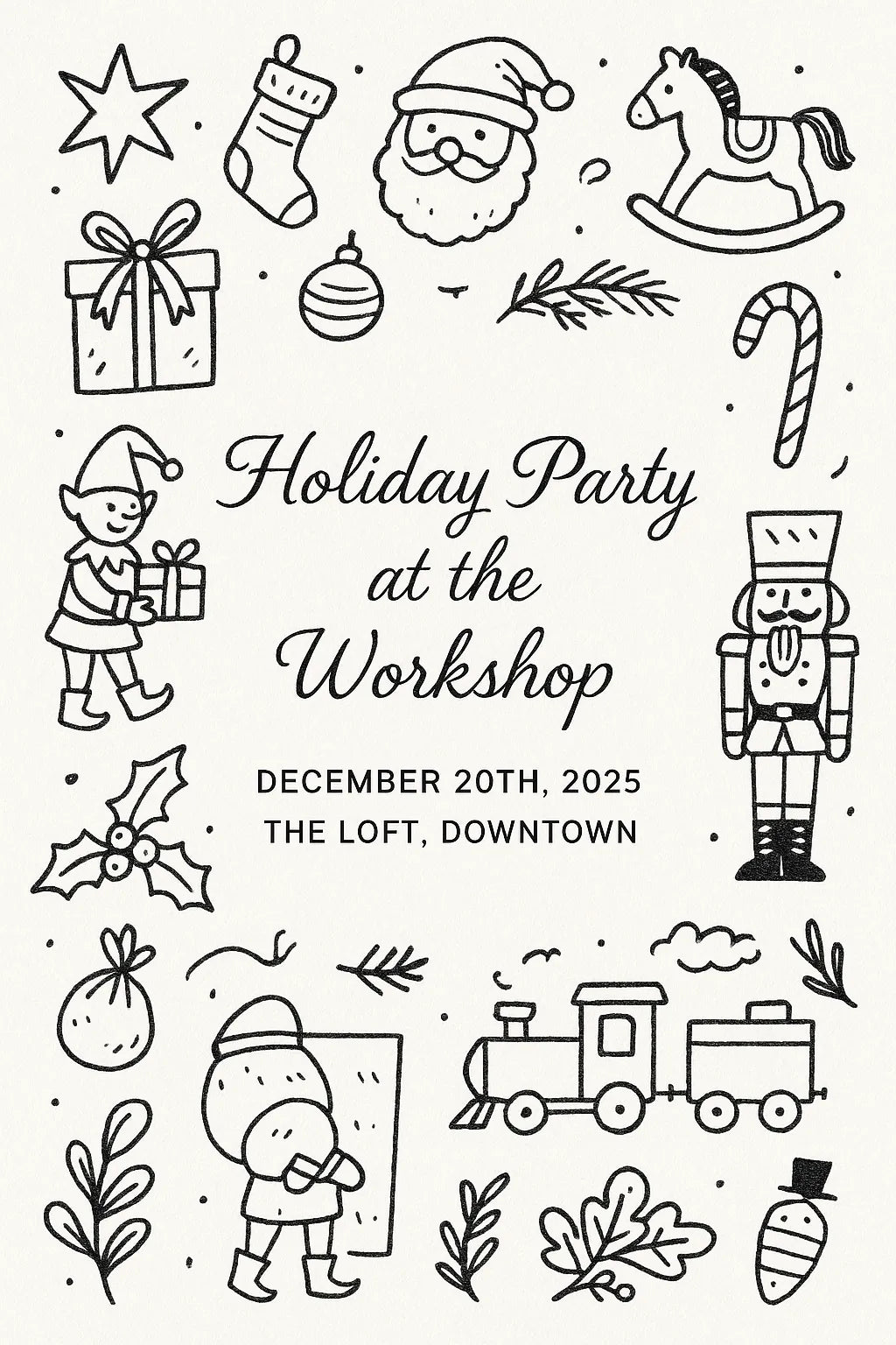 Example output from the Doodles Lineart Christmas Invitations ChatGPT prompt: Holiday Party at the Workshop.