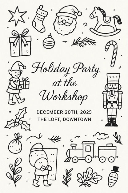 Example output from the Doodles Lineart Christmas Invitations ChatGPT prompt: Holiday Party at the Workshop.