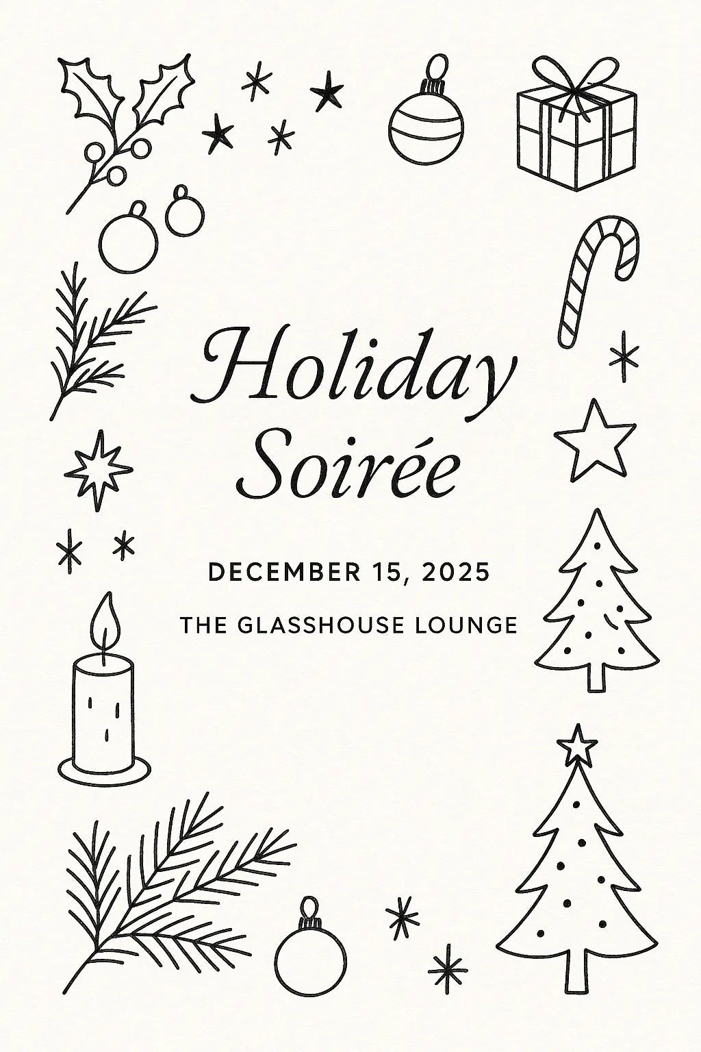 Example output from the Doodles Lineart Christmas Invitations ChatGPT prompt: Holiday Soirée.
