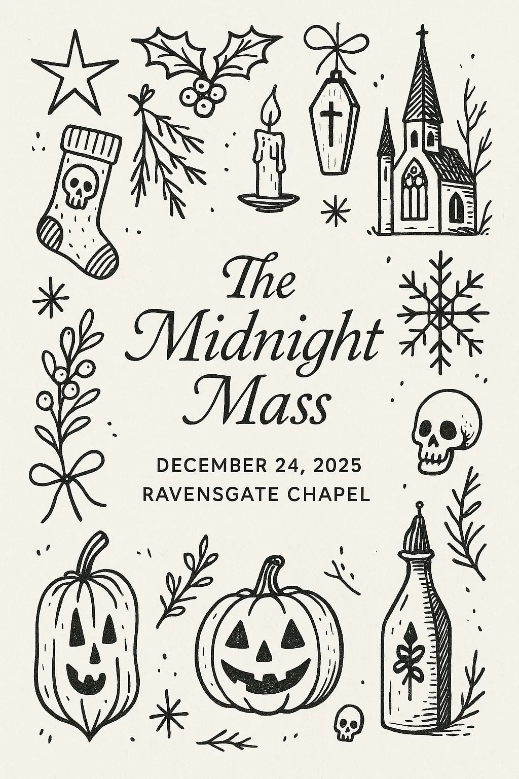 Example output from the Doodles Lineart Christmas Invitations ChatGPT prompt: The Midnight Mass.