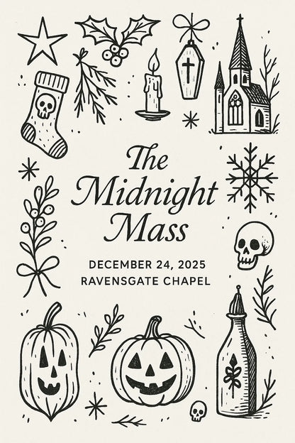 Example output from the Doodles Lineart Christmas Invitations ChatGPT prompt: The Midnight Mass.
