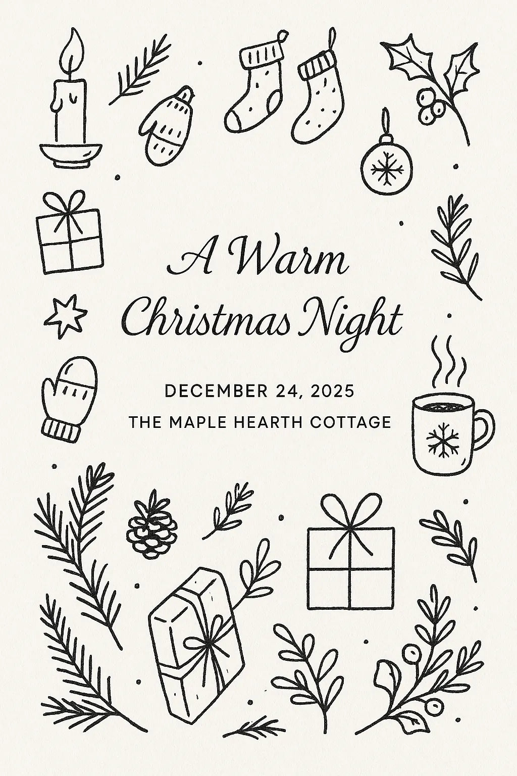 Example output from the Doodles Lineart Christmas Invitations ChatGPT prompt: A Warm Christmas Night.