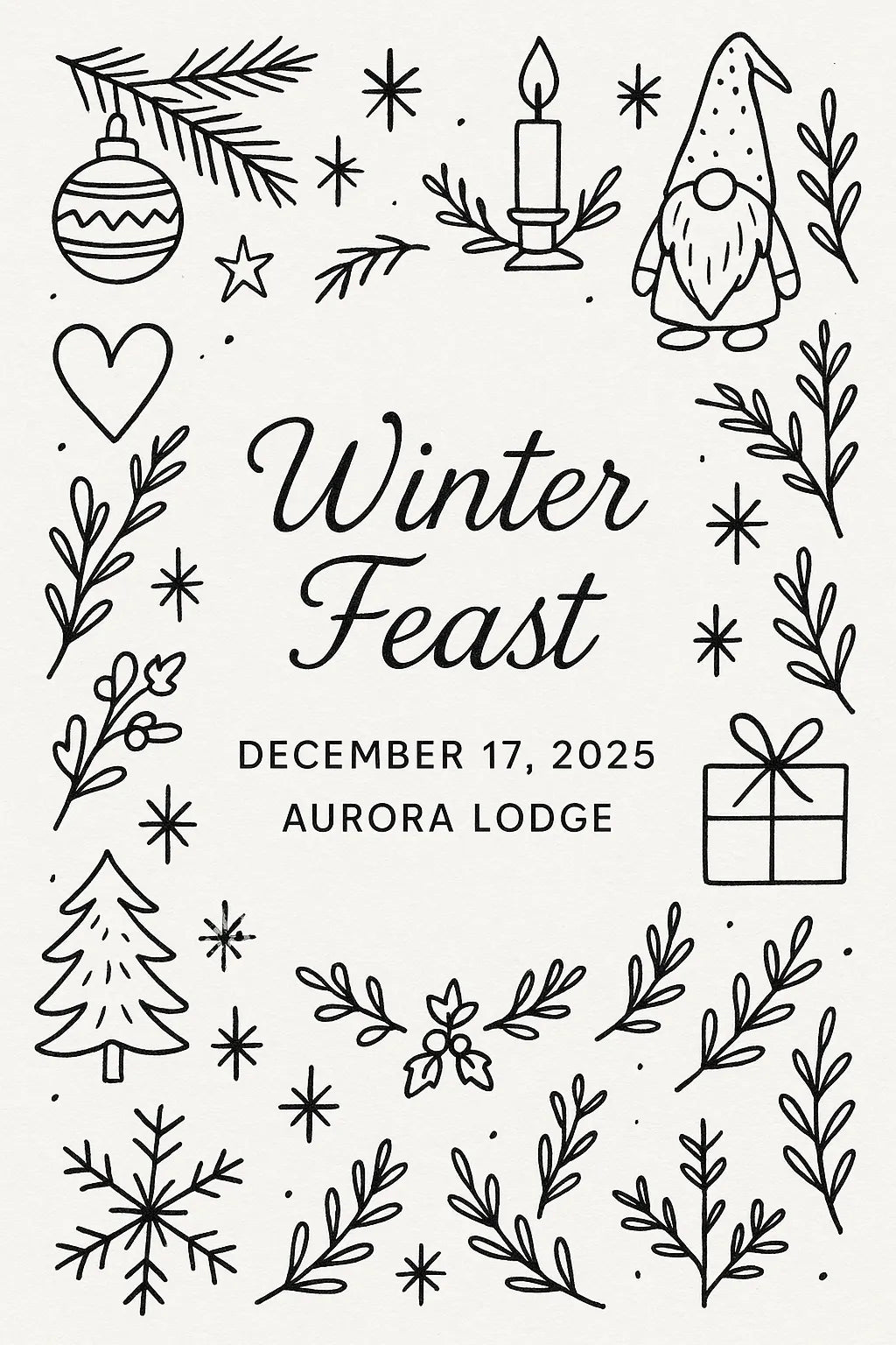 Example output from the Doodles Lineart Christmas Invitations ChatGPT prompt: Winter Feast.