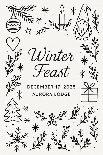 Example output from the Doodles Lineart Christmas Invitations ChatGPT prompt: Winter Feast.