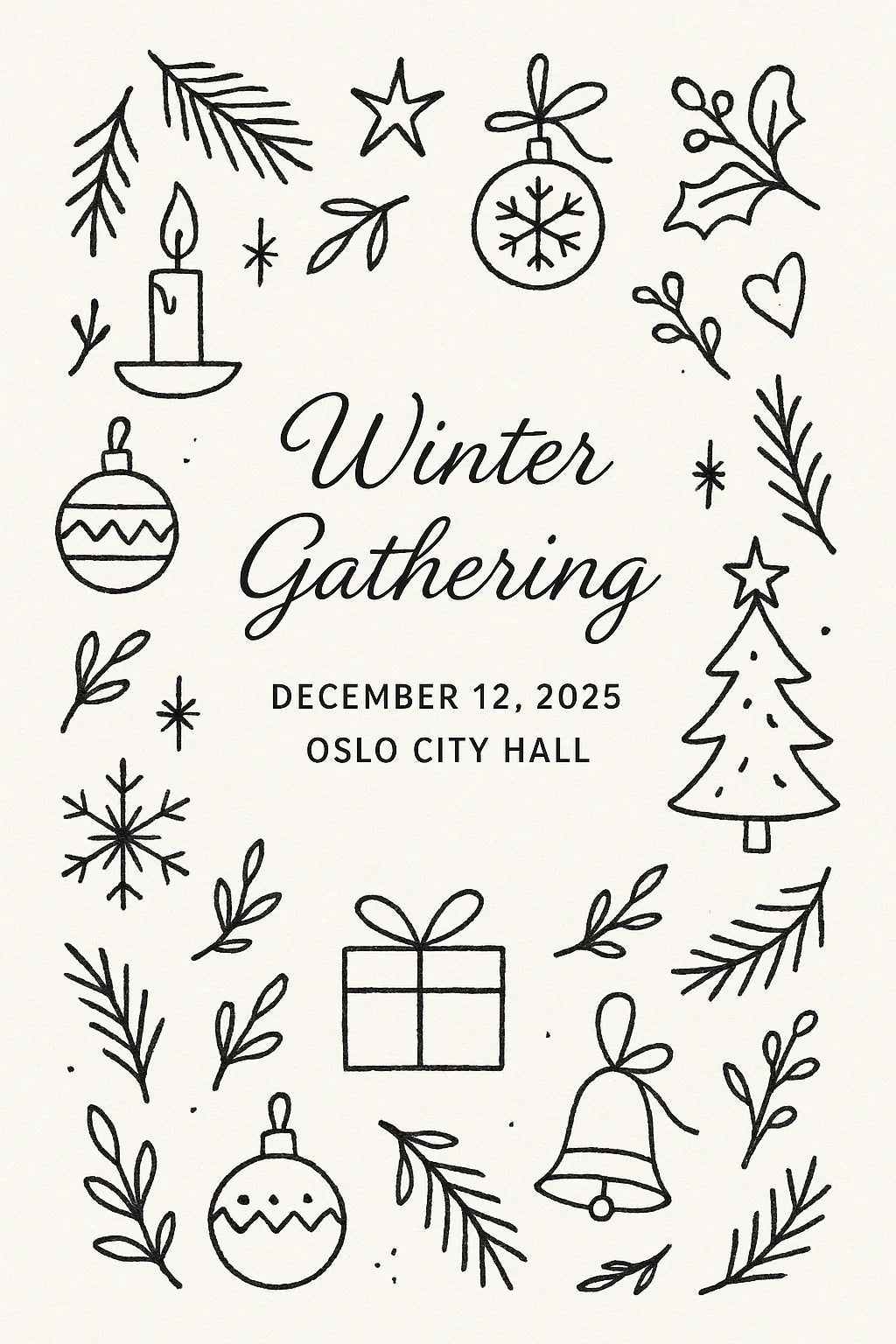 Example output from the Doodles Lineart Christmas Invitations ChatGPT prompt: Winter Gathering.
