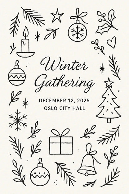Example output from the Doodles Lineart Christmas Invitations ChatGPT prompt: Winter Gathering.