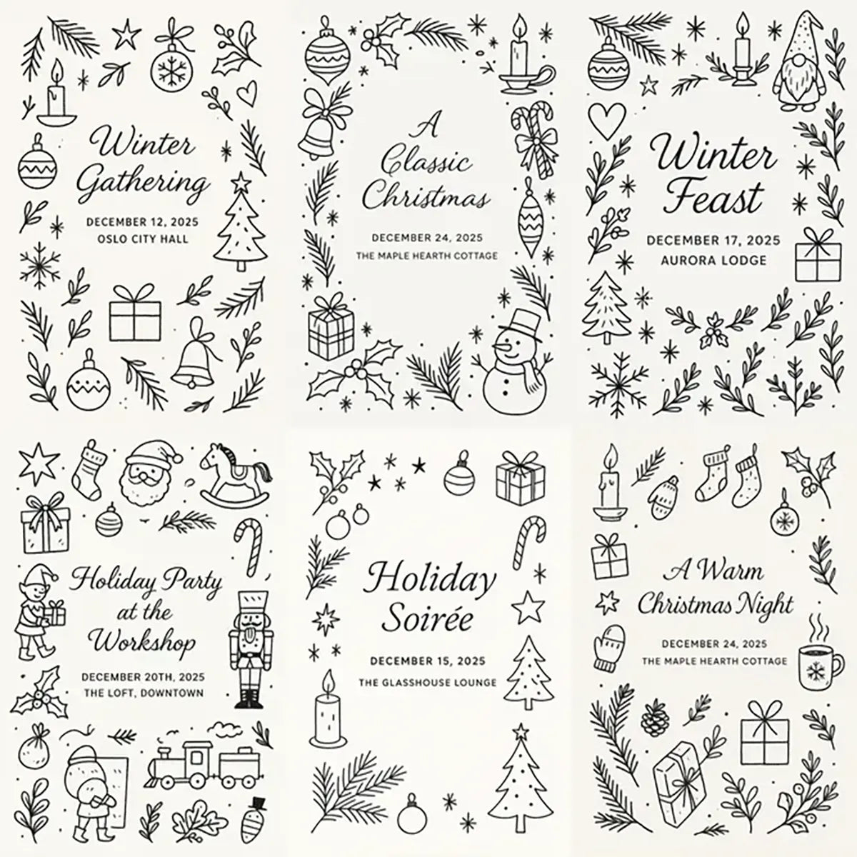 Example output from the Doodles Lineart Christmas Invitations ChatGPT prompt: minimalist black-and-white holiday invitation with handmade doodles, festive icons, and elegant typography.