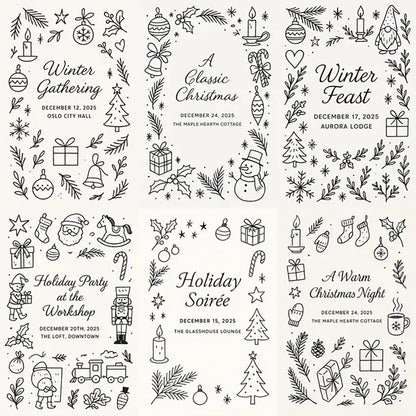 Example output from the Doodles Lineart Christmas Invitations ChatGPT prompt: minimalist black-and-white holiday invitation with handmade doodles, festive icons, and elegant typography.