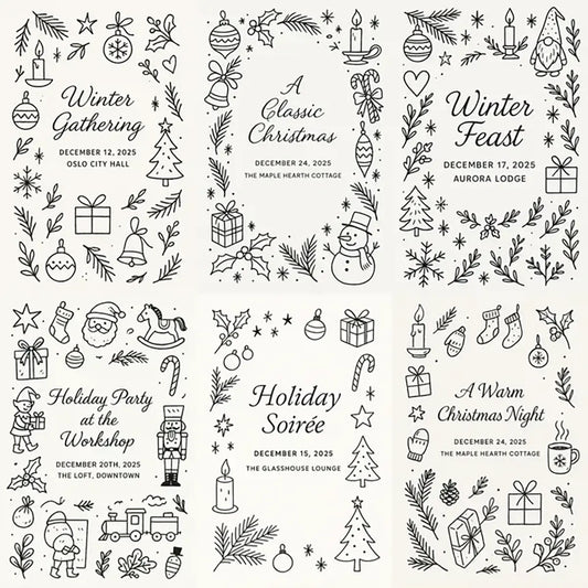 Example output from the Doodles Lineart Christmas Invitations ChatGPT prompt: minimalist black-and-white holiday invitation with handmade doodles, festive icons, and elegant typography.