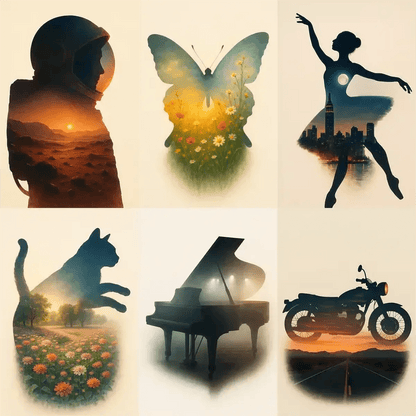Example output from the Double Exposure Silhouette Art ChatGPT prompt: soft silhouettes of various subjects filled with scenic imagery, featuring warm and cool tones, dreamy lighting, and seamless blending over an off-white background.