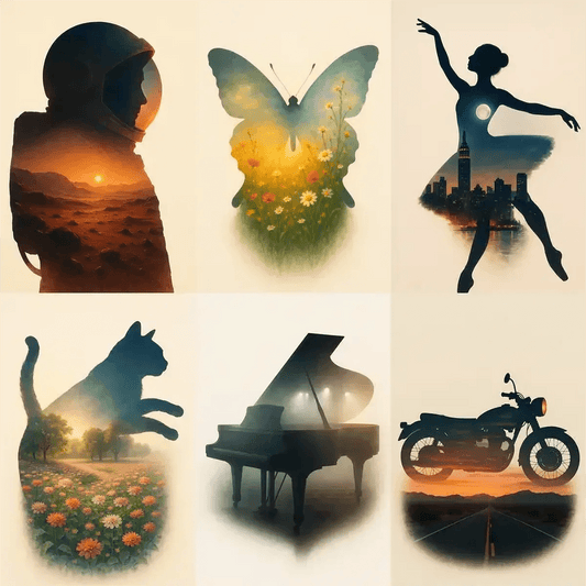 Example output from the Double Exposure Silhouette Art ChatGPT prompt: soft silhouettes of various subjects filled with scenic imagery, featuring warm and cool tones, dreamy lighting, and seamless blending over an off-white background.