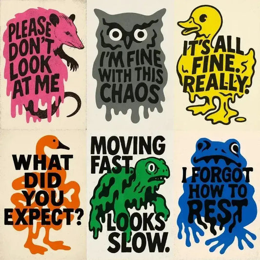 Example output from the Drippy Animal Quote Posters ChatGPT prompt: surreal animal poster graphics with warped shapes, bold ironic quotes, and melting risograph textures in a gritty, one-color high-impact style.