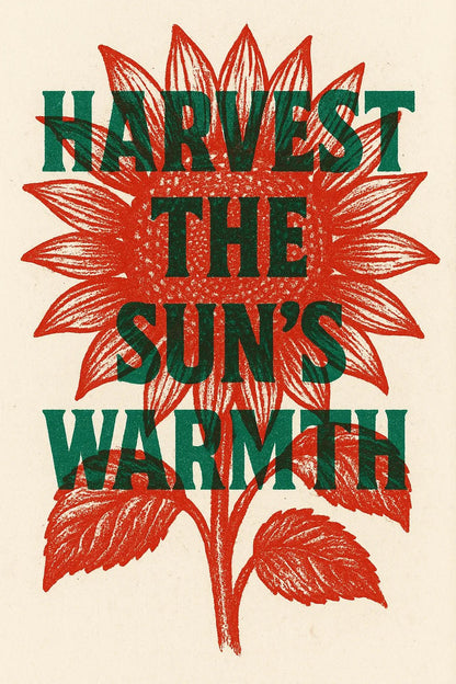 Example output of duo-tone silkscreen overprint poster design generated by a ChatGPT prompt template. Harvest the sun's warmth.