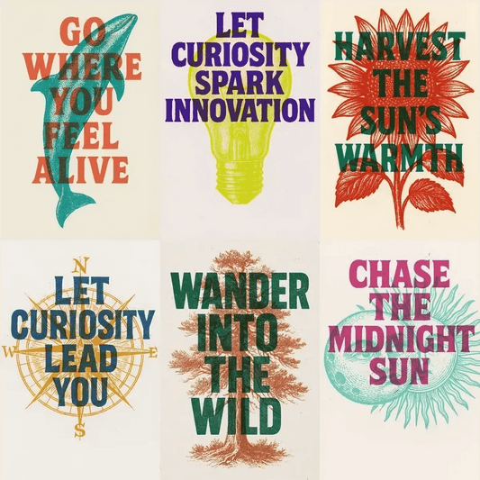 Example output of duo-tone silkscreen overprint poster designs generated by a ChatGPT prompt template, showcasing true overprint ink blending with misregistration, halftones, uneven fills, paper texture, and bold vintage typography in a vertical layout.