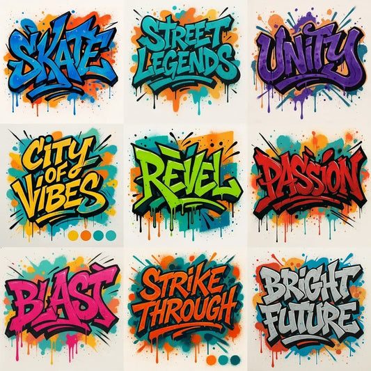 Example output from the High Contrast Dynamic Graffiti Art ChatGPT prompt: vibrant graffiti text with strong black outlines, spray-painted drips, and 3D shading in custom four-color palettes on textured walls.