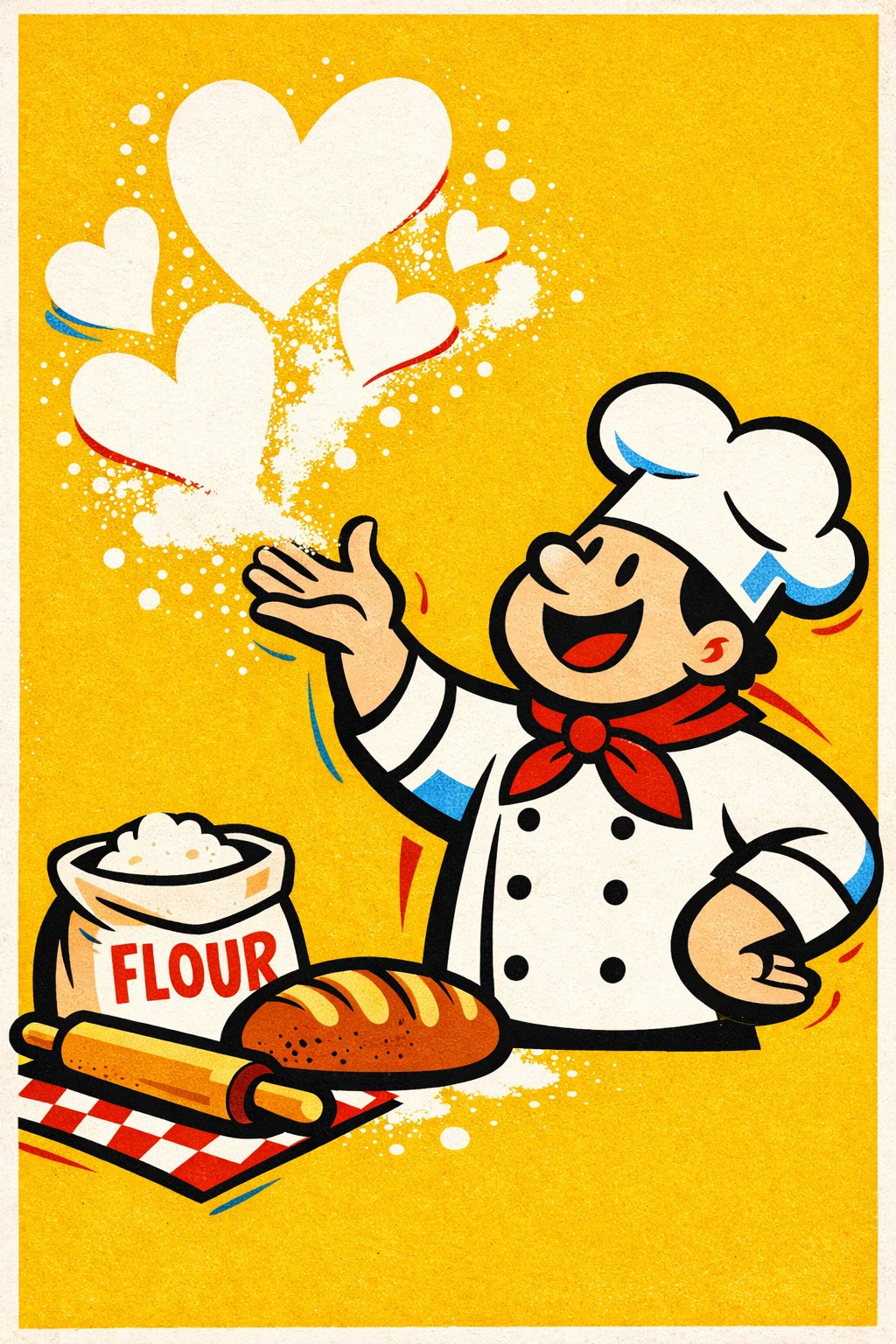 Example output from the Dynamic Pop Art Cartoon Characters ChatGPT prompt: a bold retro pop-art cartoon of a cheerful baker tossing flour, with clean vector linework and print texture on a yellow background.