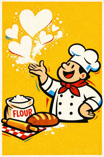 Example output from the Dynamic Pop Art Cartoon Characters ChatGPT prompt: a bold retro pop-art cartoon of a cheerful baker tossing flour, with clean vector linework and print texture on a yellow background.