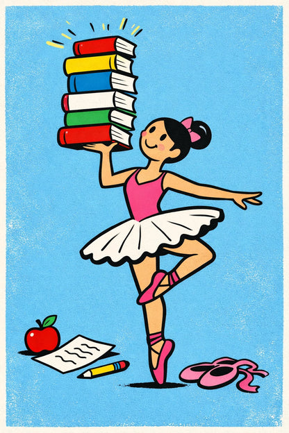 Example output from the Dynamic Pop Art Cartoon Characters ChatGPT prompt: a bold retro pop-art cartoon of a ballet dancer balancing a stack of books, with clean vector linework and print texture on a blue background.
