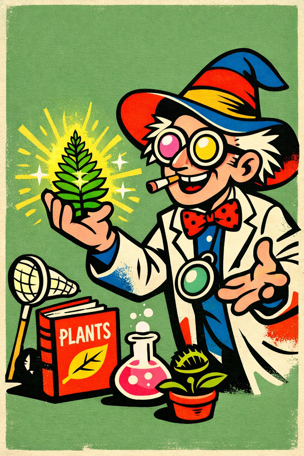 Example output from the Dynamic Pop Art Cartoon Characters ChatGPT prompt: a bold retro pop-art cartoon of a quirky botanist holding a glowing plant, with clean vector linework and print texture on a green background.