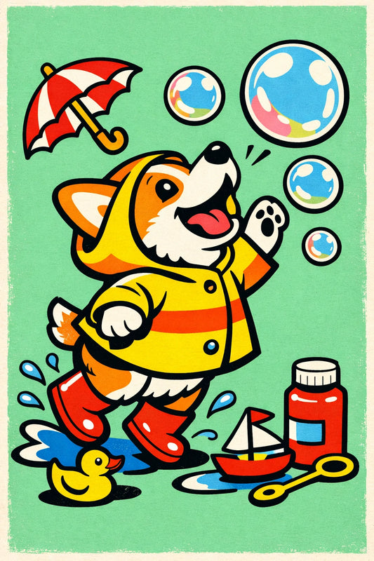 Example output from the Dynamic Pop Art Cartoon Characters ChatGPT prompt: a bold retro pop-art cartoon of a corgi in a yellow raincoat with bubbles, with clean vector linework and print texture on a green background.