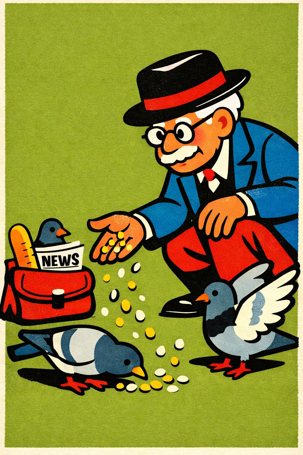 Example output from the Dynamic Pop Art Cartoon Characters ChatGPT prompt: a bold retro pop-art cartoon of a character feeding birds, with clean vector linework and print texture on a solid color background.