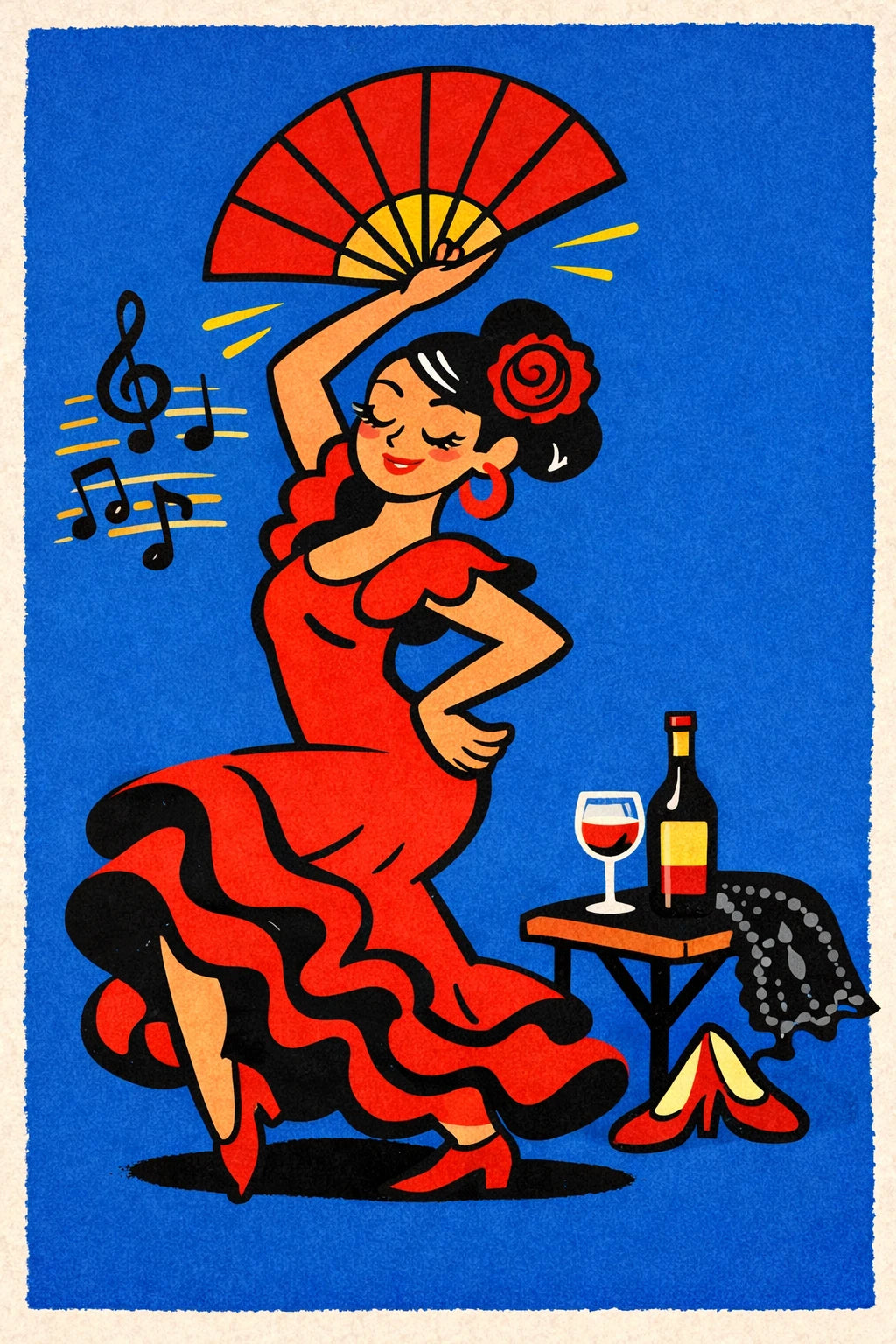 Example output from the Dynamic Pop Art Cartoon Characters ChatGPT prompt: a bold retro pop-art cartoon of a flamenco dancer in a red dress with a fan, with clean vector linework and print texture on a blue background.