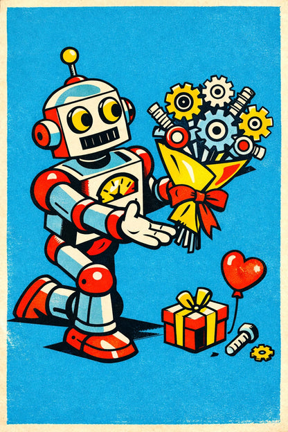 Example output from the Dynamic Pop Art Cartoon Characters ChatGPT prompt: a bold retro pop-art cartoon of a retro robot, with clean vector linework and print texture on a solid color background.